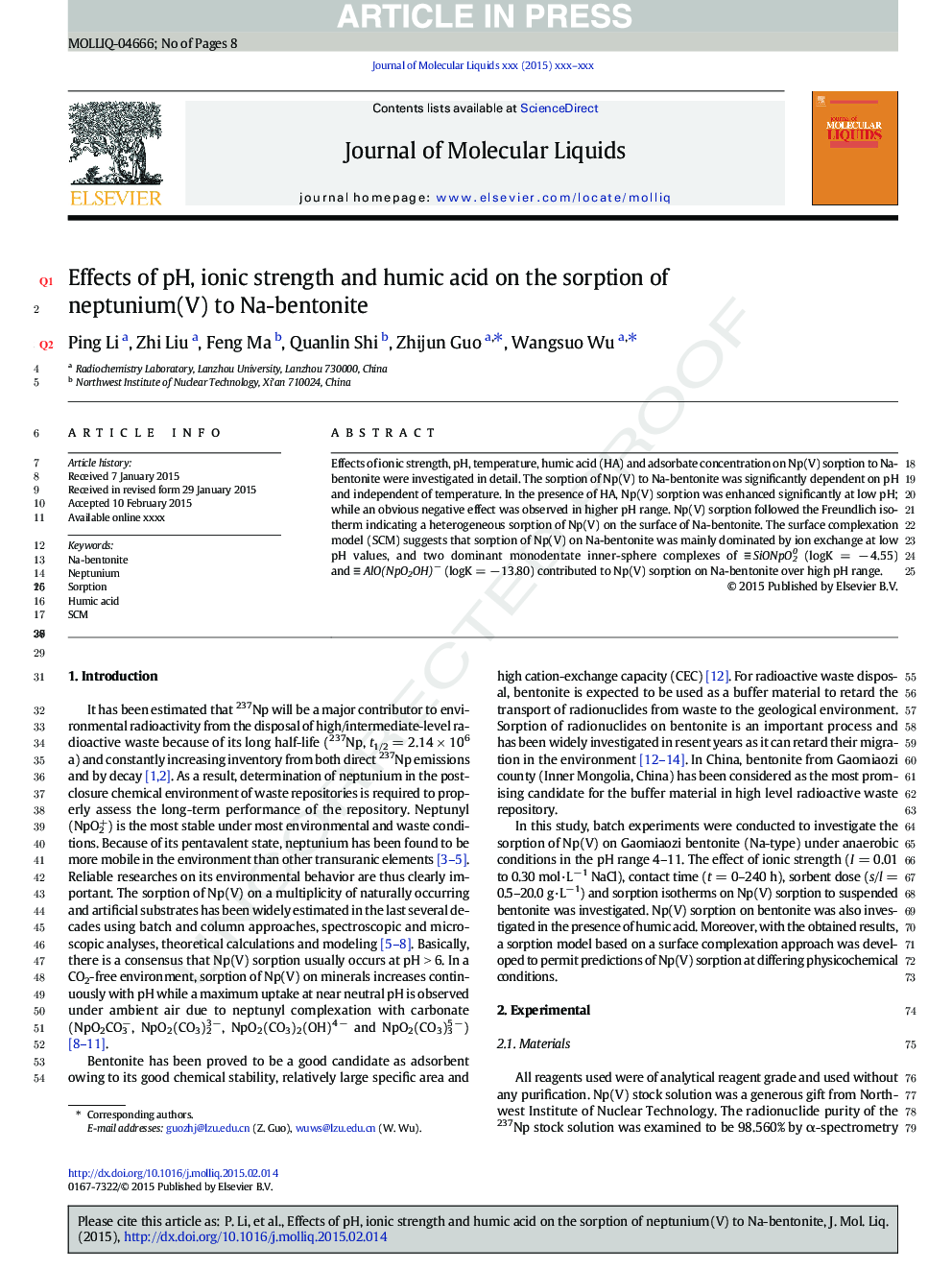 Effects of pH, ionic strength and humic acid on the sorption of neptunium(V) to Na-bentonite