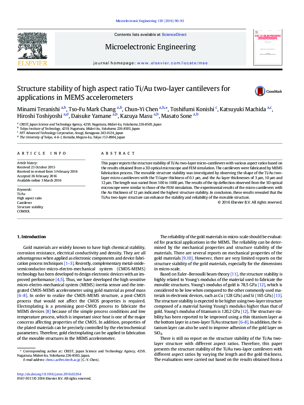 Structure stability of high aspect ratio Ti/Au two-layer cantilevers for applications in MEMS accelerometers