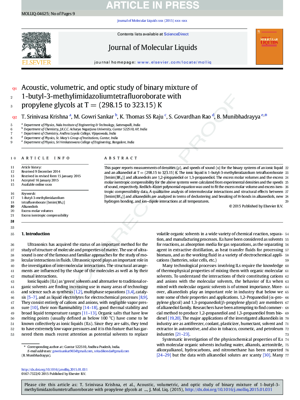 Acoustic, volumetric, and optic study of binary mixture of 1-butyl-3-methylimidazoliumtetrafluoroborate with propylene glycols at TÂ =Â (298.15 to 323.15) K