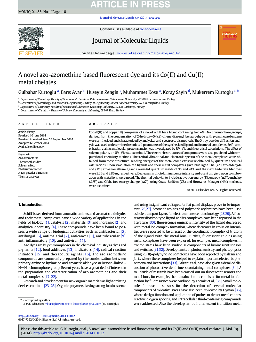 A novel azo-azomethine based fluorescent dye and its Co(II) and Cu(II) metal chelates