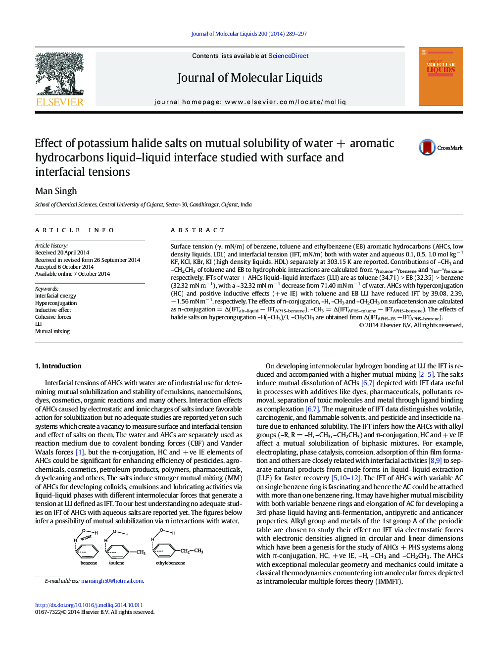 Effect of potassium halide salts on mutual solubility of waterÂ +Â aromatic hydrocarbons liquid-liquid interface studied with surface and interfacial tensions