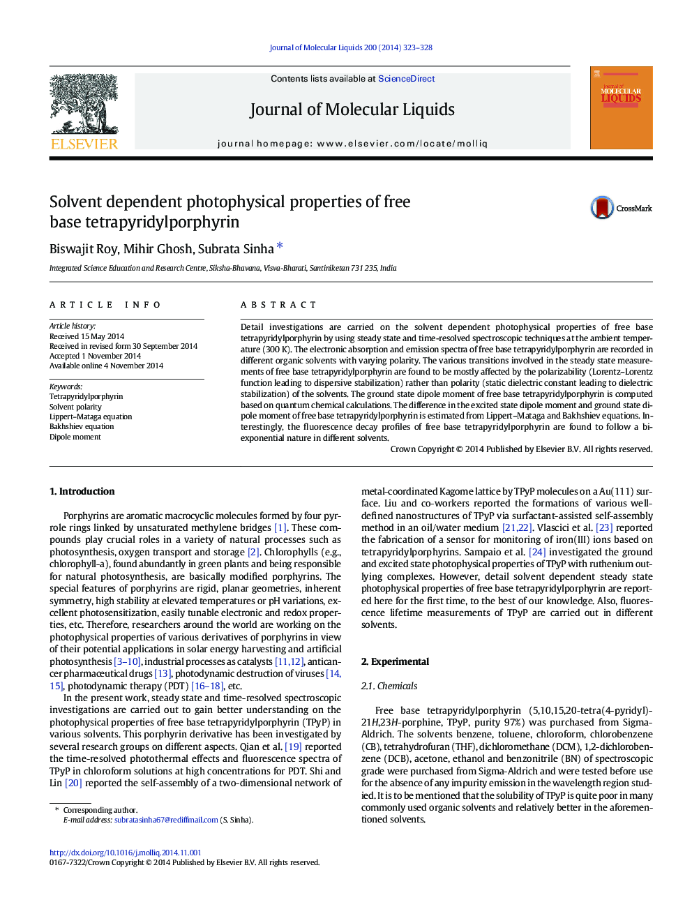 Solvent dependent photophysical properties of free base tetrapyridylporphyrin