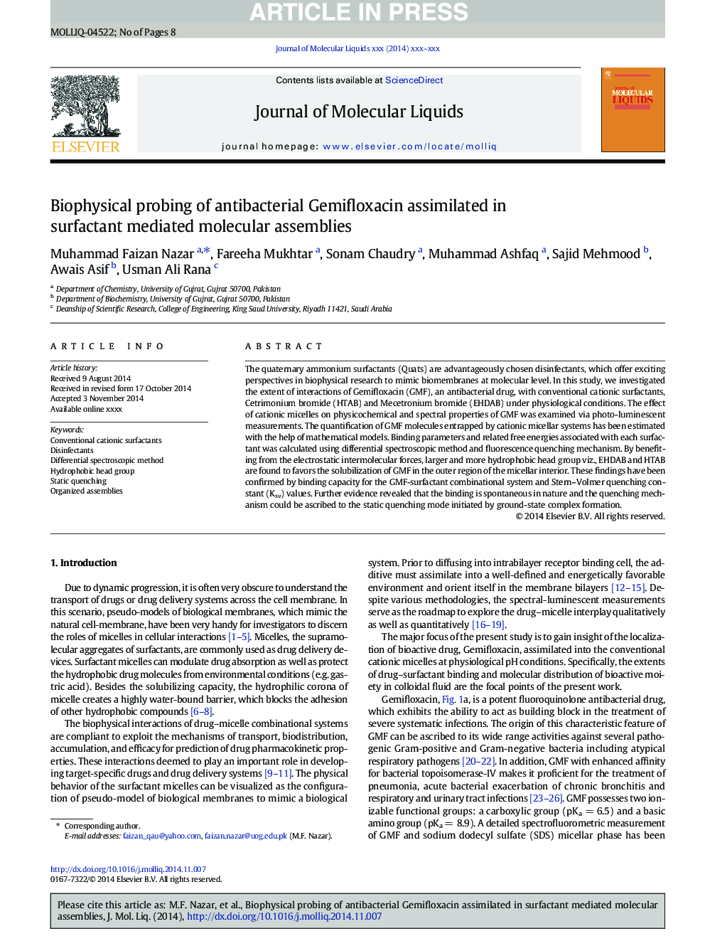 Biophysical probing of antibacterial Gemifloxacin assimilated in surfactant mediated molecular assemblies