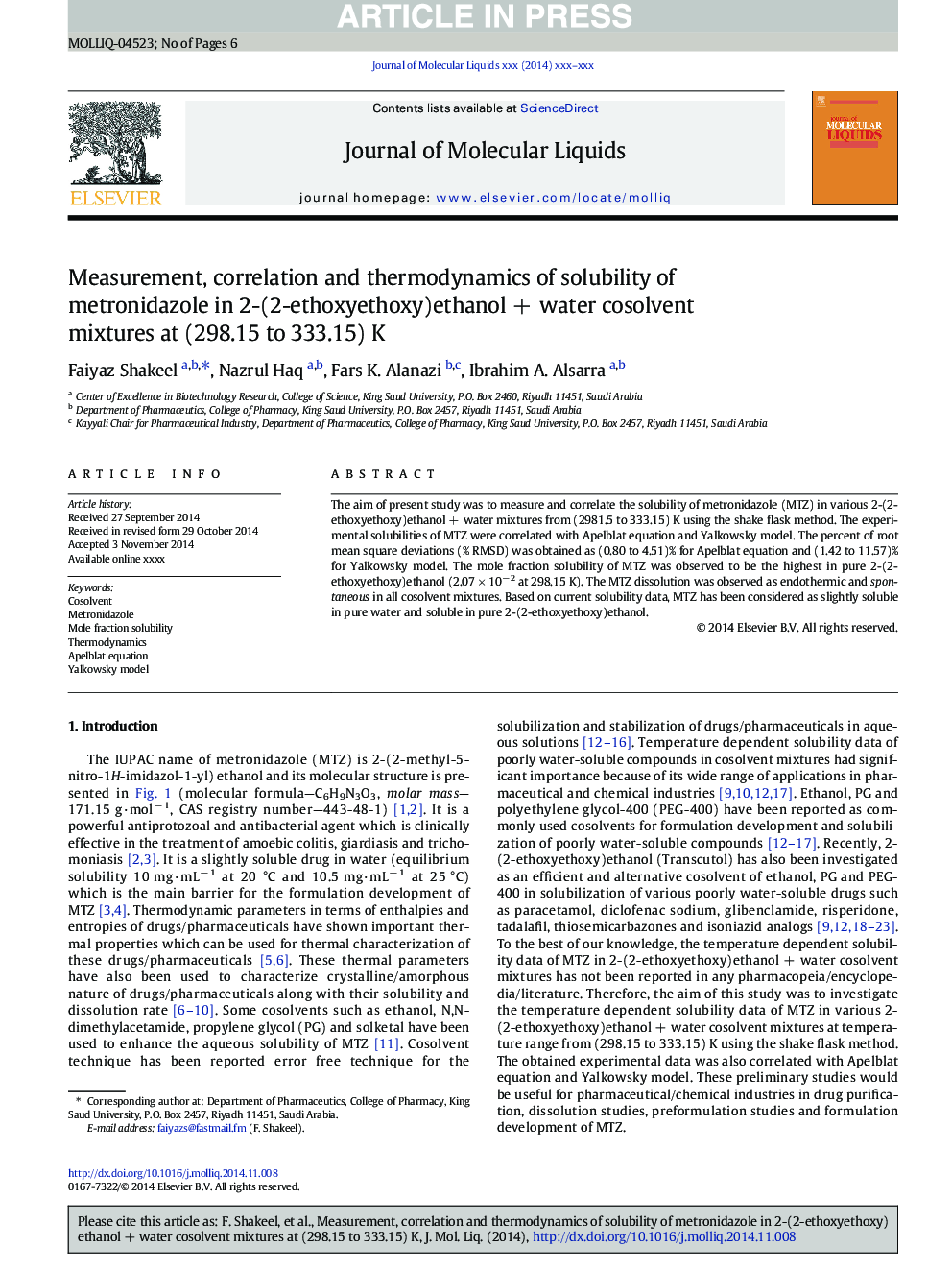 Measurement, correlation and thermodynamics of solubility of metronidazole in 2-(2-ethoxyethoxy)ethanolÂ +Â water cosolvent mixtures at (298.15 to 333.15)Â K