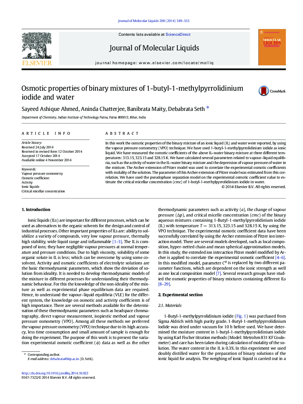 Osmotic properties of binary mixtures of 1-butyl-1-methylpyrrolidinium iodide and water