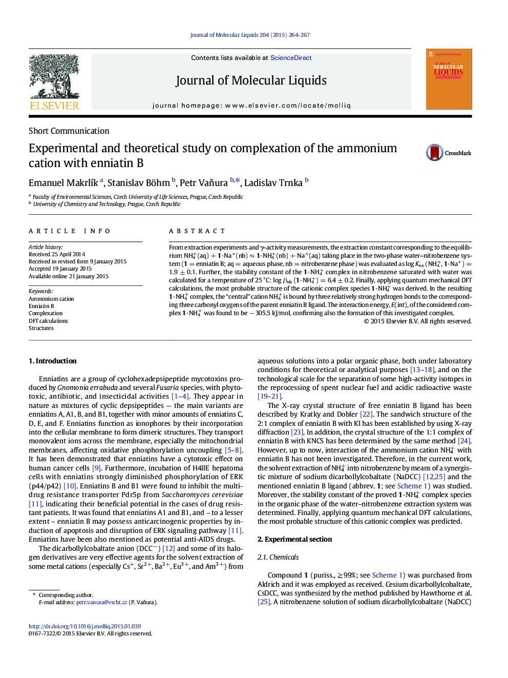 Short CommunicationExperimental and theoretical study on complexation of the ammonium cation with enniatin B
