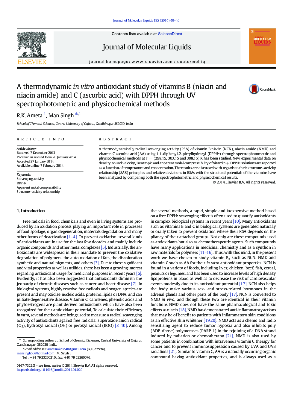 A thermodynamic in vitro antioxidant study of vitamins B (niacin and niacin amide) and C (ascorbic acid) with DPPH through UV spectrophotometric and physicochemical methods