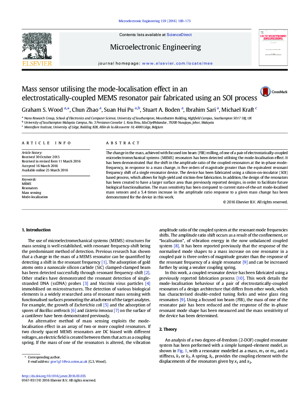 Mass sensor utilising the mode-localisation effect in an electrostatically-coupled MEMS resonator pair fabricated using an SOI process