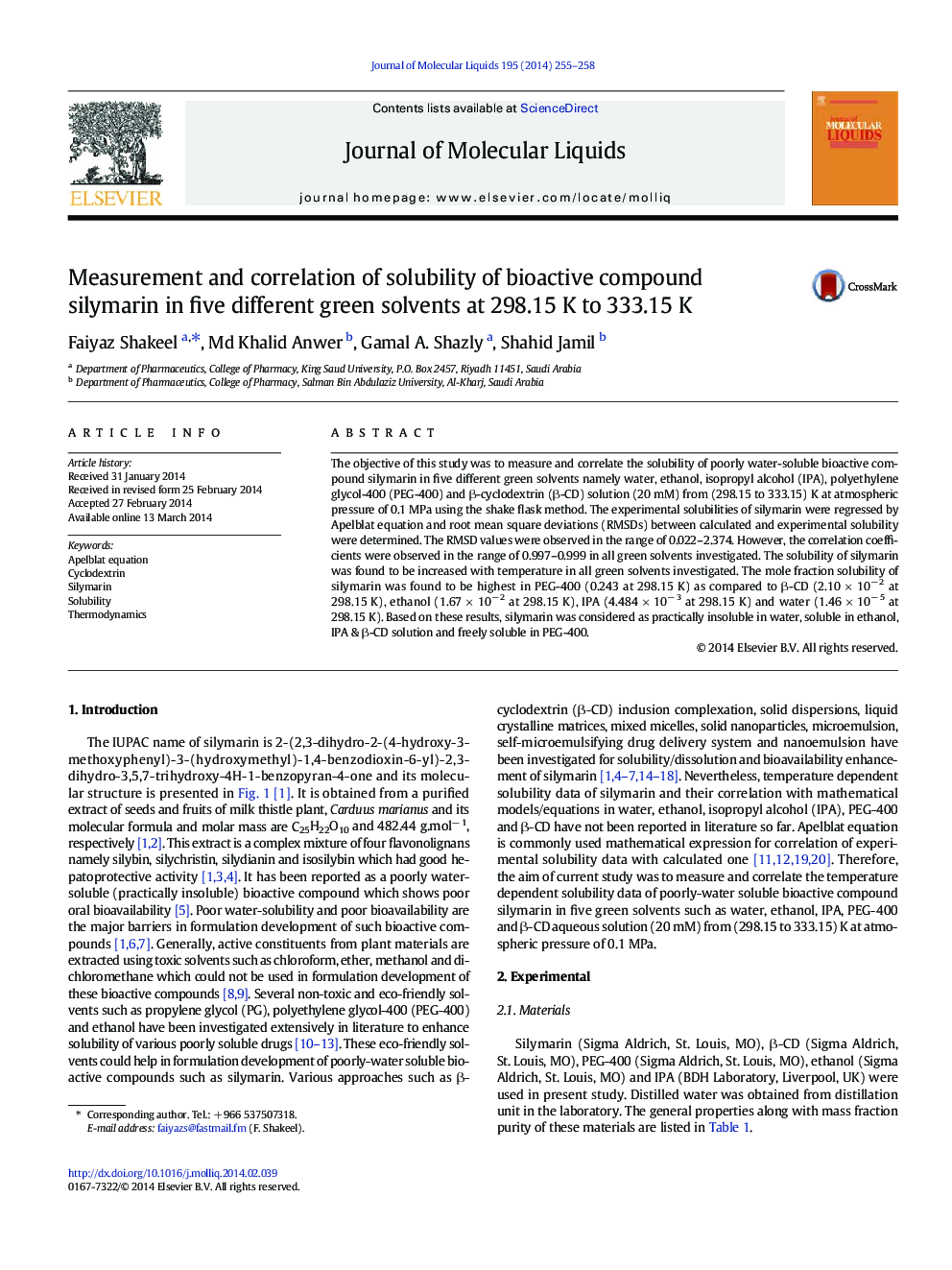 Measurement and correlation of solubility of bioactive compound silymarin in five different green solvents at 298.15Â K to 333.15Â K