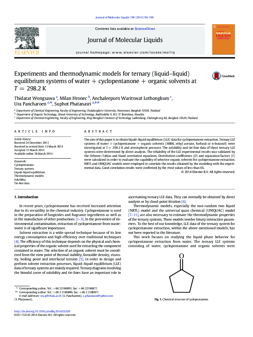 Experiments and thermodynamic models for ternary (liquid-liquid) equilibrium systems of waterÂ +Â cyclopentanoneÂ +Â organic solvents at TÂ =Â 298.2Â K