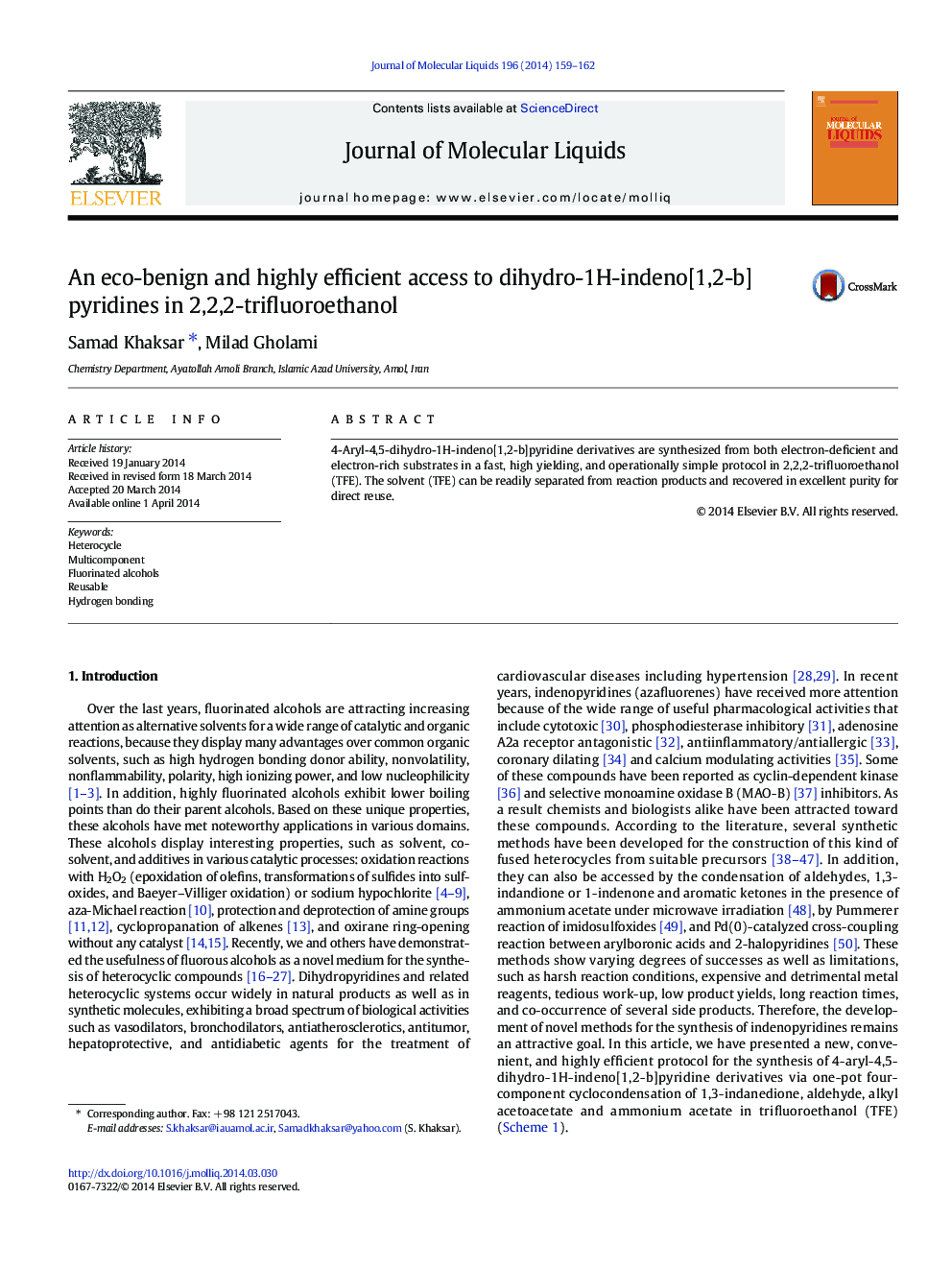 An eco-benign and highly efficient access to dihydro-1H-indeno[1,2-b]pyridines in 2,2,2-trifluoroethanol