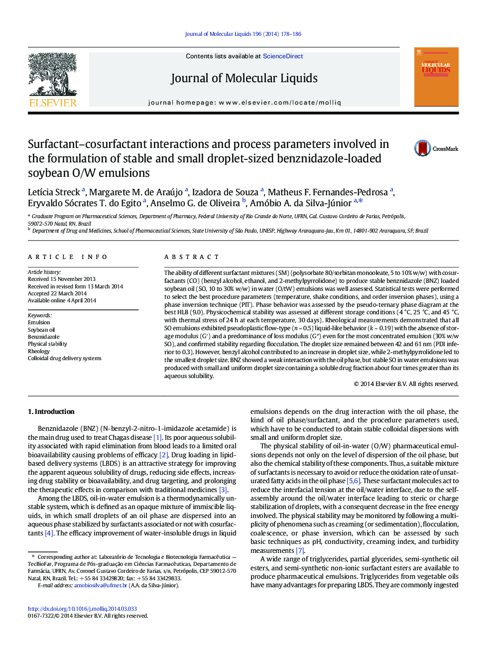 Surfactant-cosurfactant interactions and process parameters involved in the formulation of stable and small droplet-sized benznidazole-loaded soybean O/W emulsions