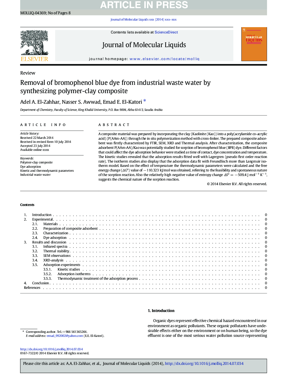 Removal of bromophenol blue dye from industrial waste water by synthesizing polymer-clay composite