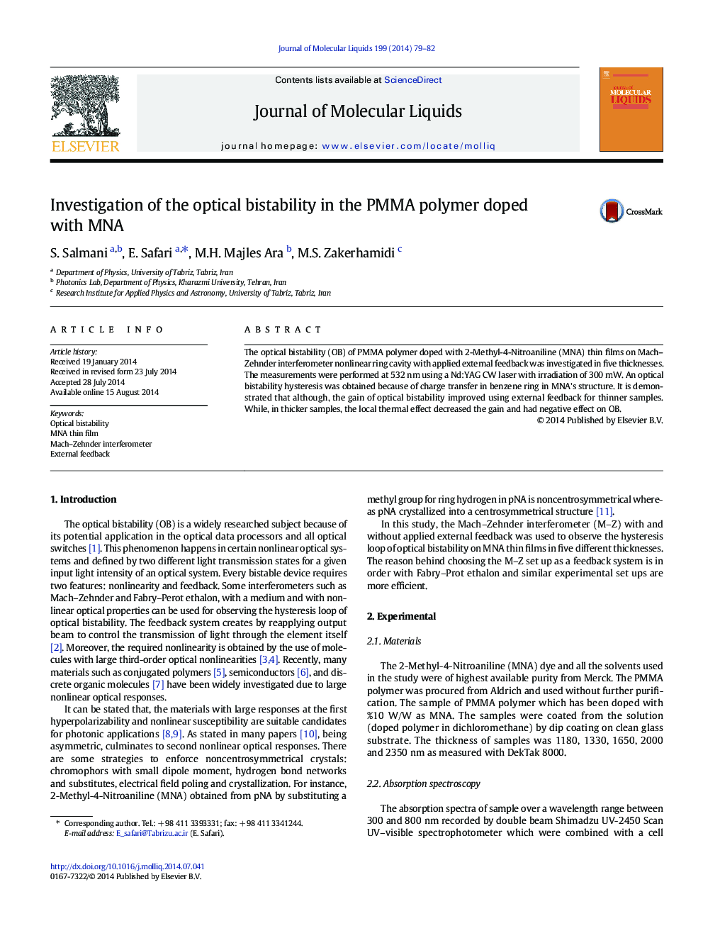 Investigation of the optical bistability in the PMMA polymer doped with MNA