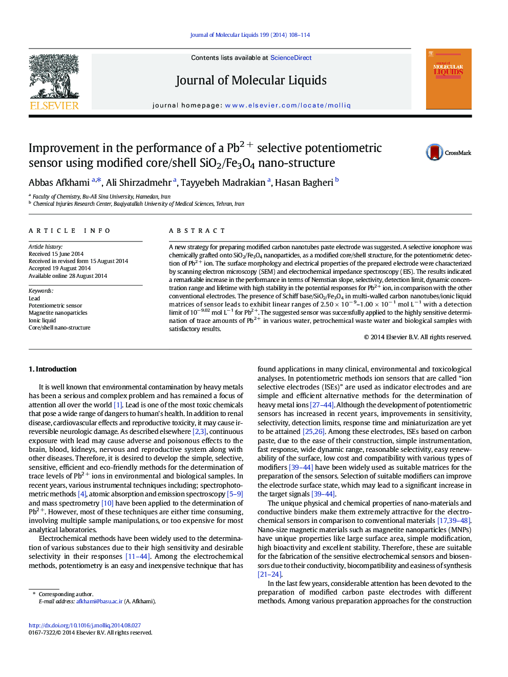 Improvement in the performance of a Pb2Â + selective potentiometric sensor using modified core/shell SiO2/Fe3O4 nano-structure