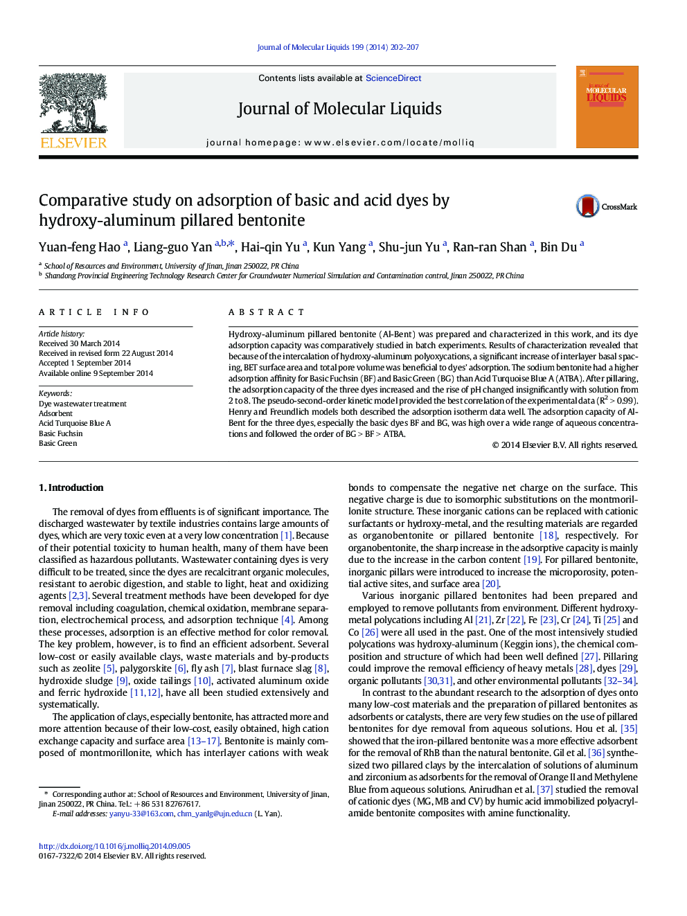 Comparative study on adsorption of basic and acid dyes by hydroxy-aluminum pillared bentonite