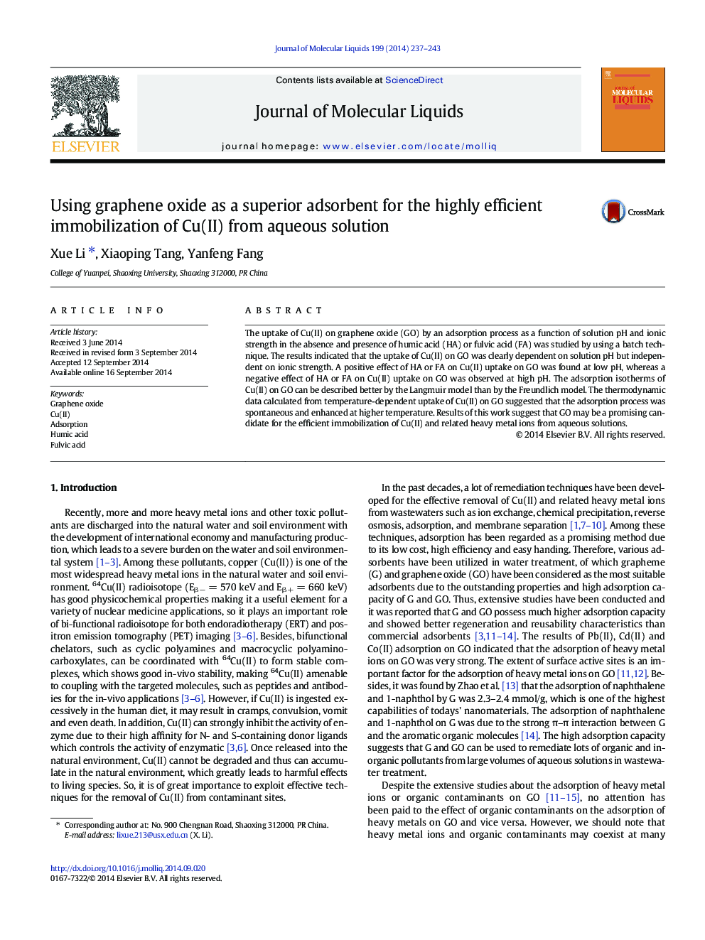 Using graphene oxide as a superior adsorbent for the highly efficient immobilization of Cu(II) from aqueous solution