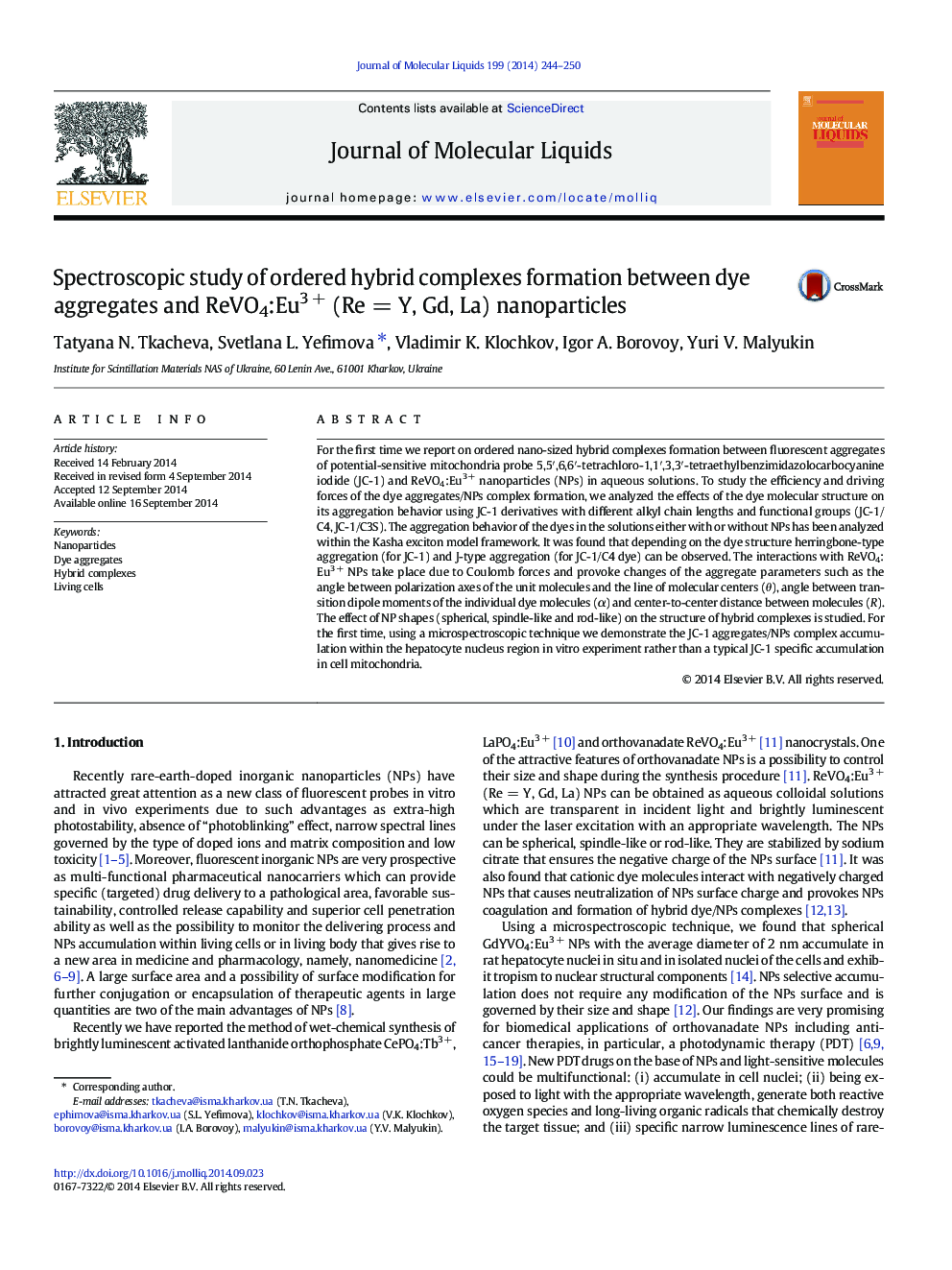 Spectroscopic study of ordered hybrid complexes formation between dye aggregates and ReVO4:Eu3Â + (ReÂ =Â Y, Gd, La) nanoparticles