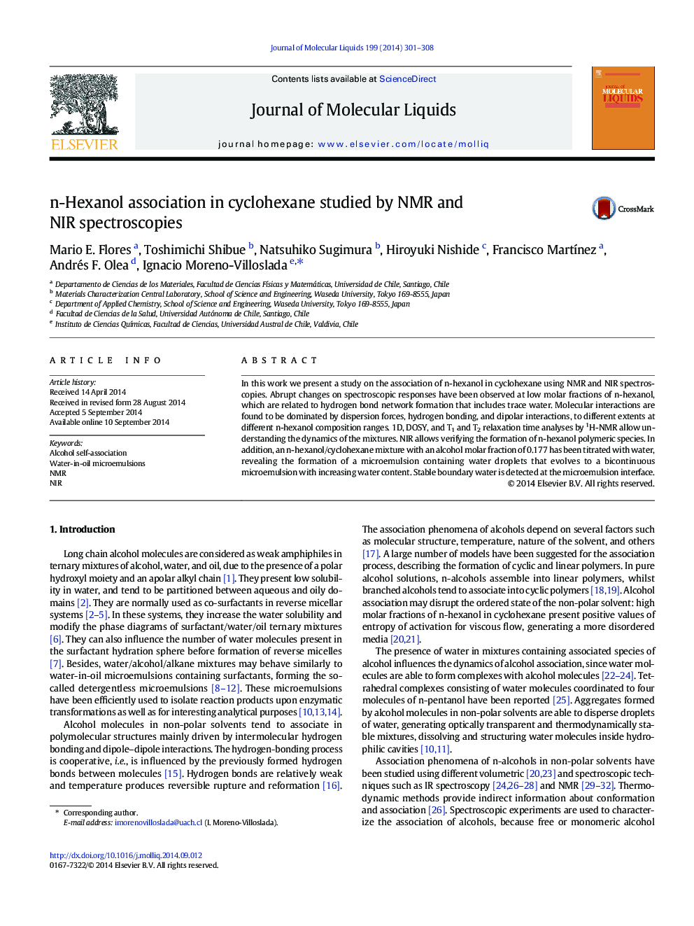 n-Hexanol association in cyclohexane studied by NMR and NIR spectroscopies