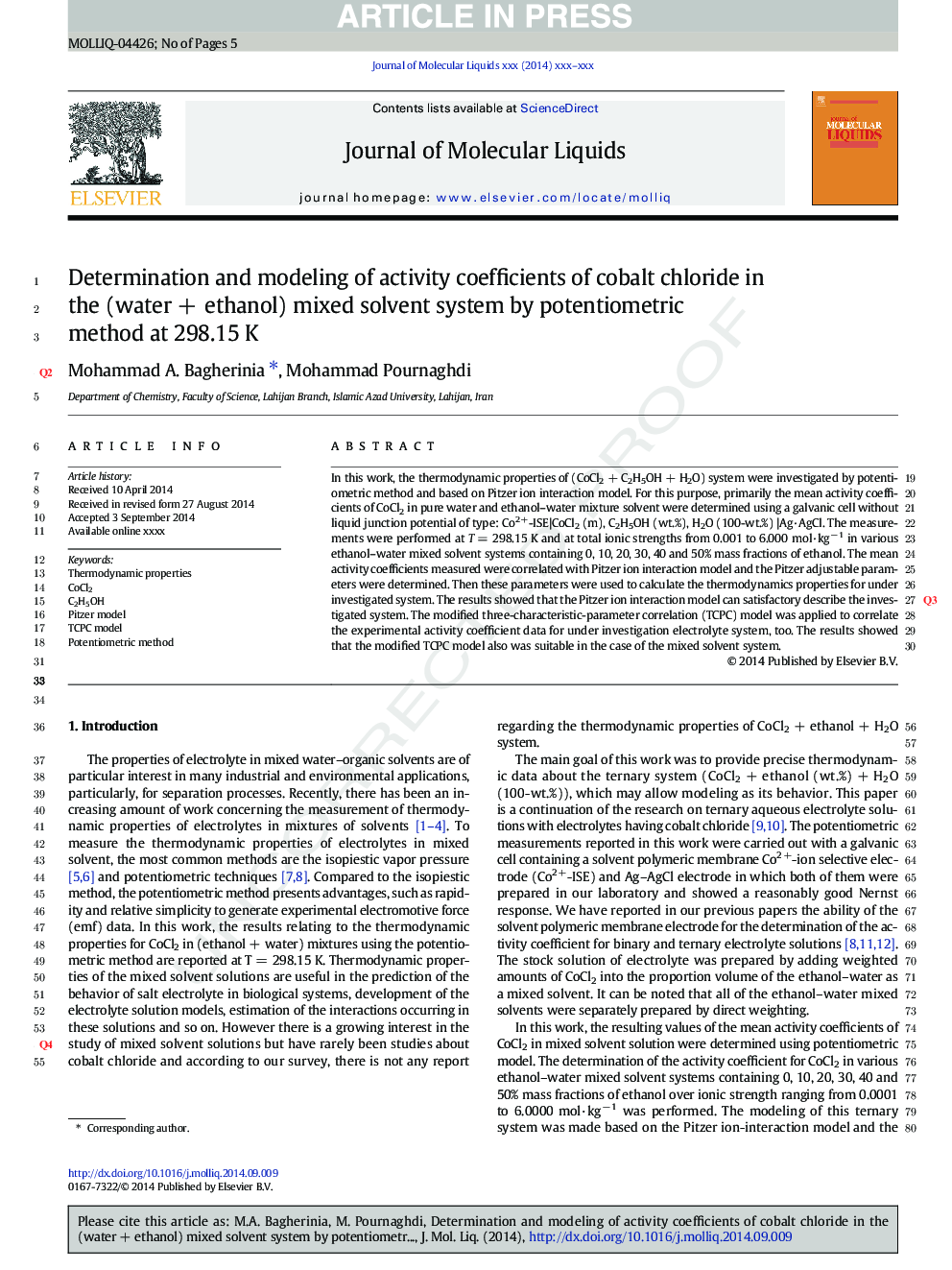 Determination and modeling of activity coefficients of cobalt chloride in the (waterÂ +Â ethanol) mixed solvent system by potentiometric method at 298.15Â K