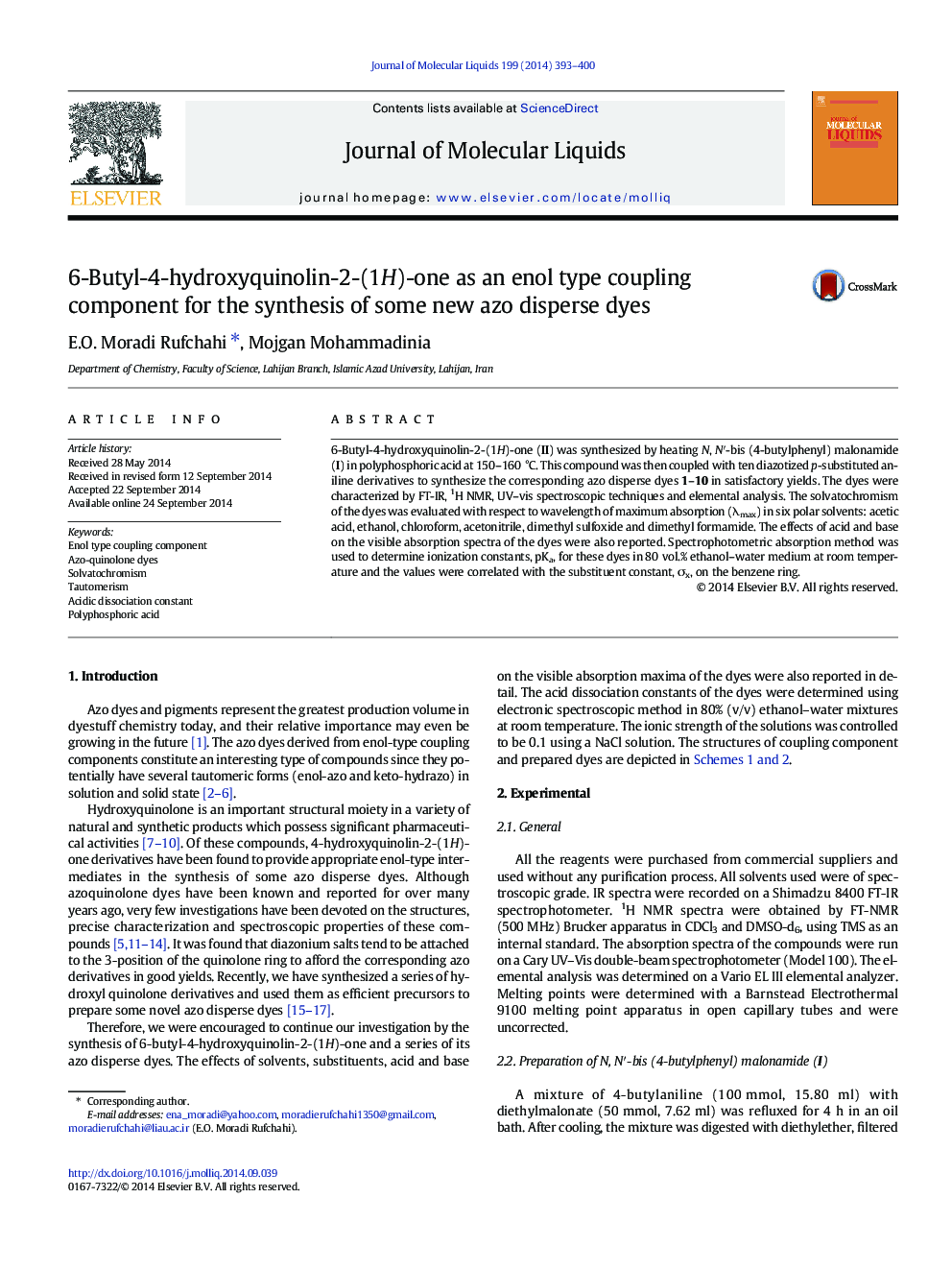 6-Butyl-4-hydroxyquinolin-2-(1H)-one as an enol type coupling component for the synthesis of some new azo disperse dyes