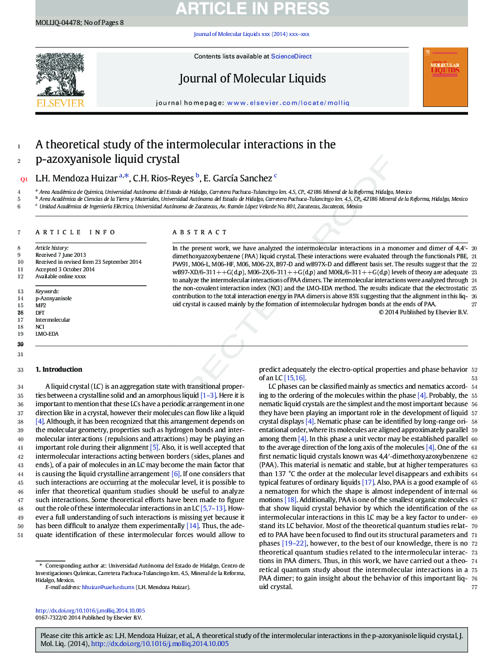 A theoretical study of the intermolecular interactions in the p-azoxyanisole liquid crystal