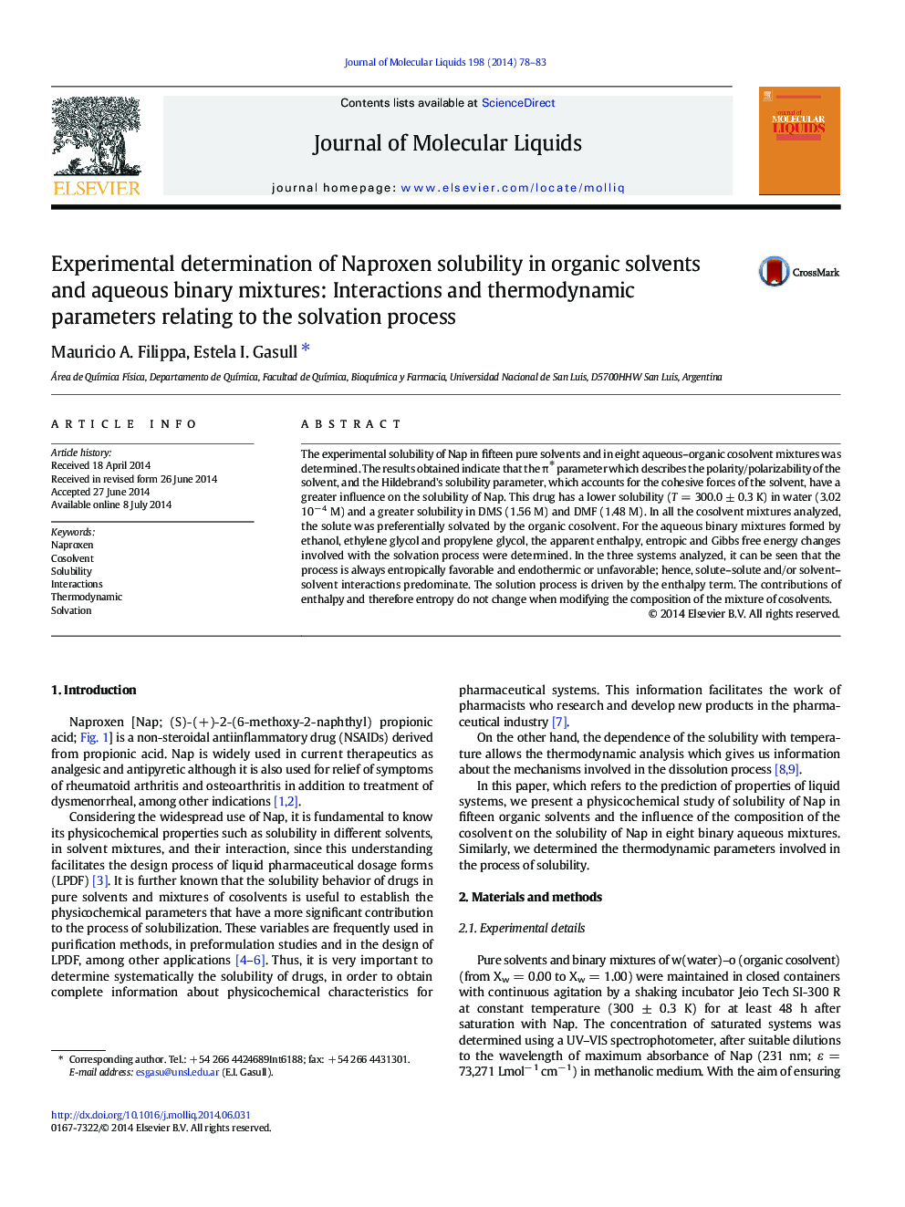 Experimental determination of Naproxen solubility in organic solvents and aqueous binary mixtures: Interactions and thermodynamic parameters relating to the solvation process