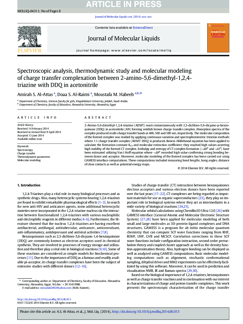 Spectroscopic analysis, thermodynamic study and molecular modeling of charge transfer complexation between 2-amino-5,6-dimethyl-1,2,4-triazine with DDQ in acetonitrile