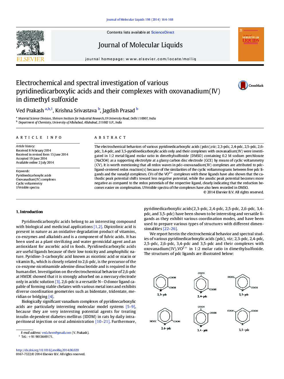 Electrochemical and spectral investigation of various pyridinedicarboxylic acids and their complexes with oxovanadium(IV) in dimethyl sulfoxide