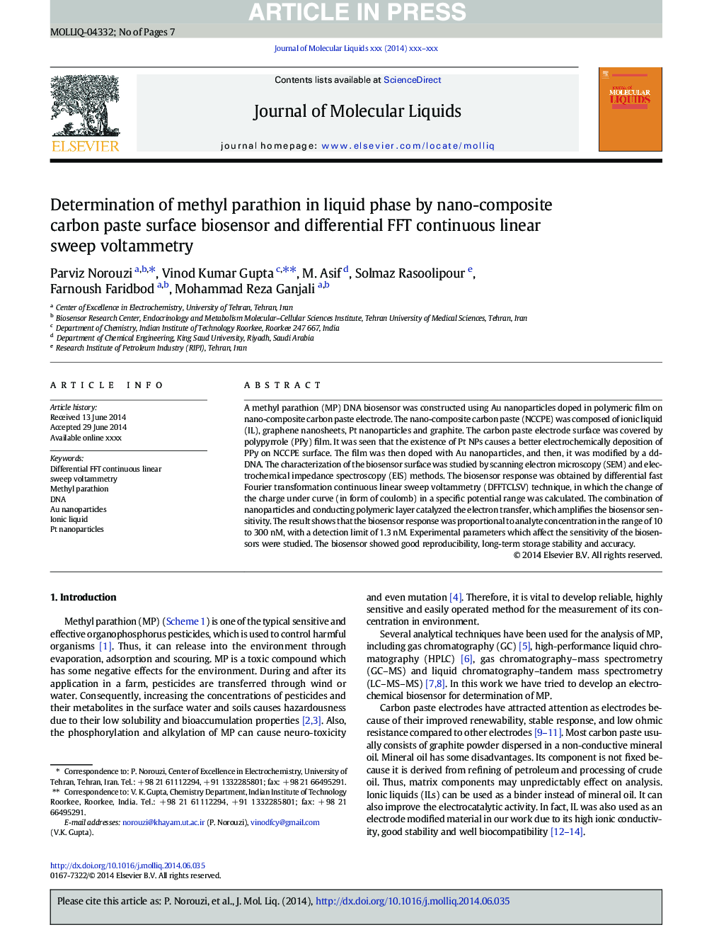 Determination of methyl parathion in liquid phase by nano-composite carbon paste surface biosensor and differential FFT continuous linear sweep voltammetry