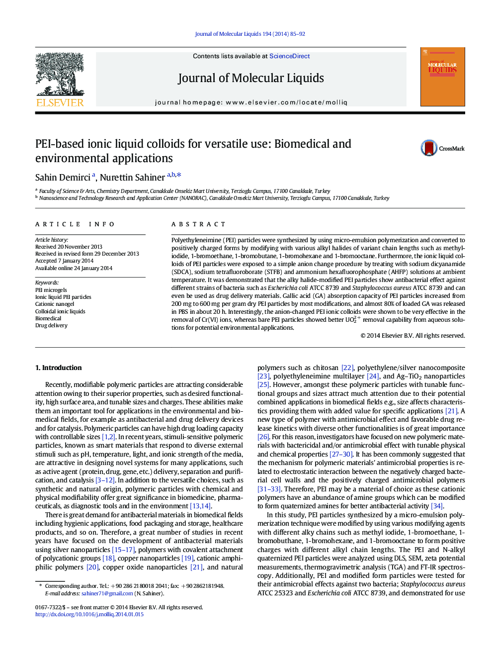 PEI-based ionic liquid colloids for versatile use: Biomedical and environmental applications