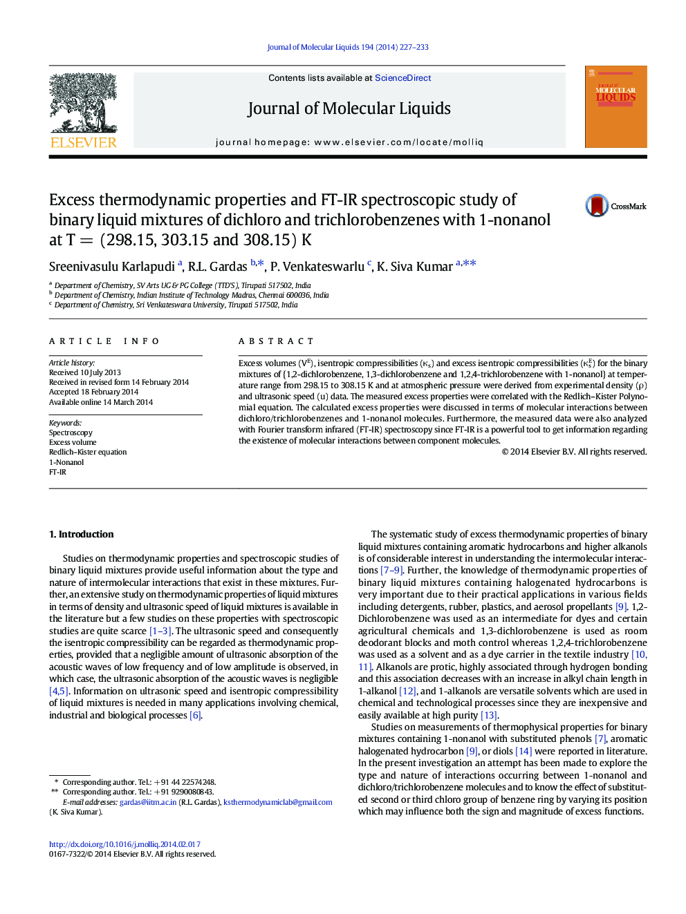 Excess thermodynamic properties and FT-IR spectroscopic study of binary liquid mixtures of dichloro and trichlorobenzenes with 1-nonanol at TÂ =Â (298.15, 303.15 and 308.15) K