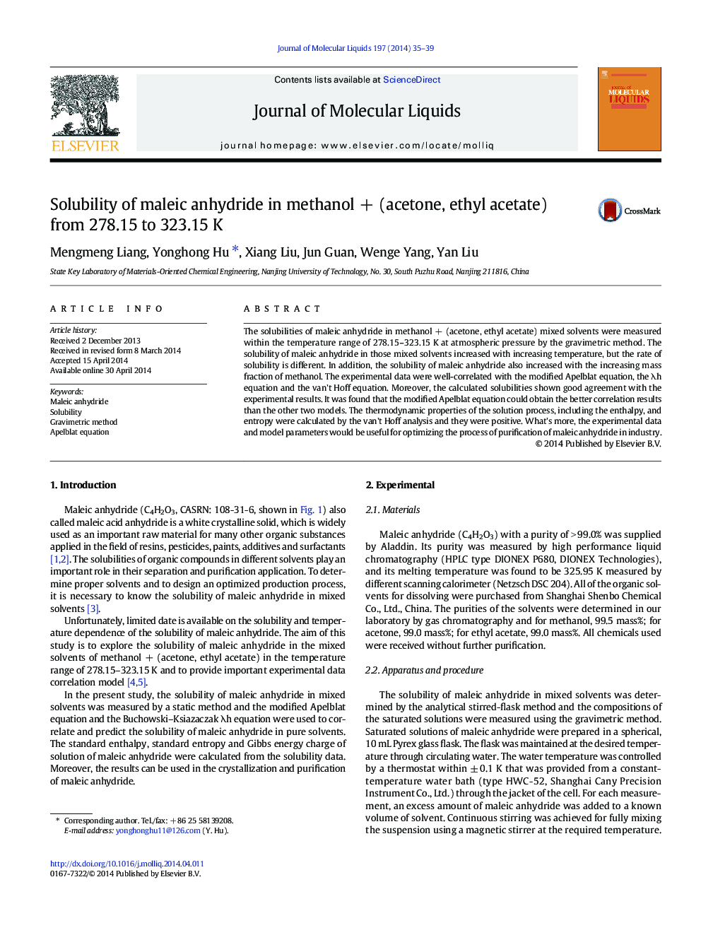 Solubility of maleic anhydride in methanolÂ +Â (acetone, ethyl acetate) from 278.15 to 323.15Â K