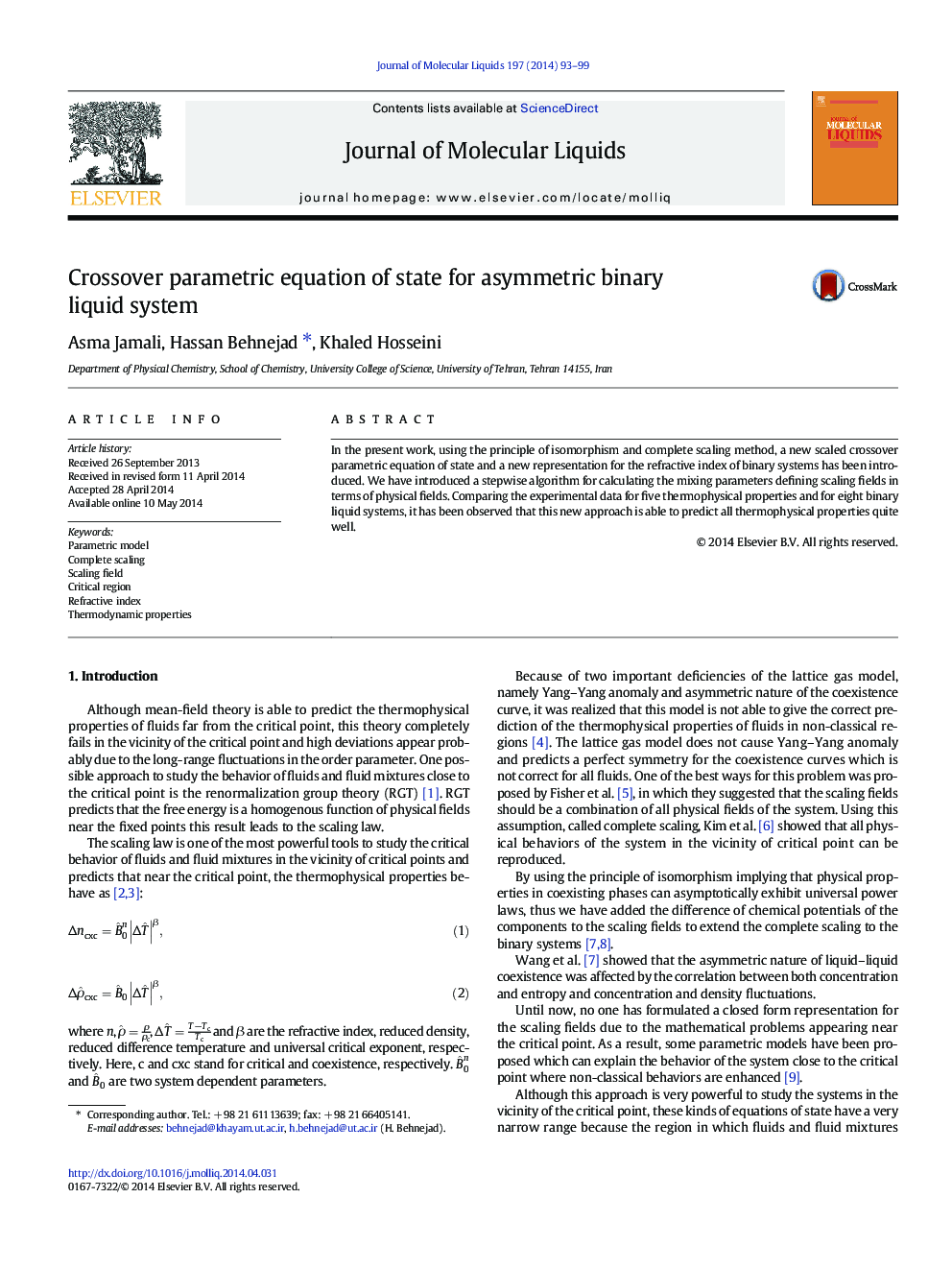 Crossover parametric equation of state for asymmetric binary liquid system