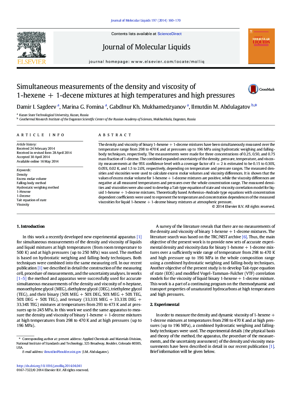 Simultaneous measurements of the density and viscosity of 1-hexeneÂ +Â 1-decene mixtures at high temperatures and high pressures