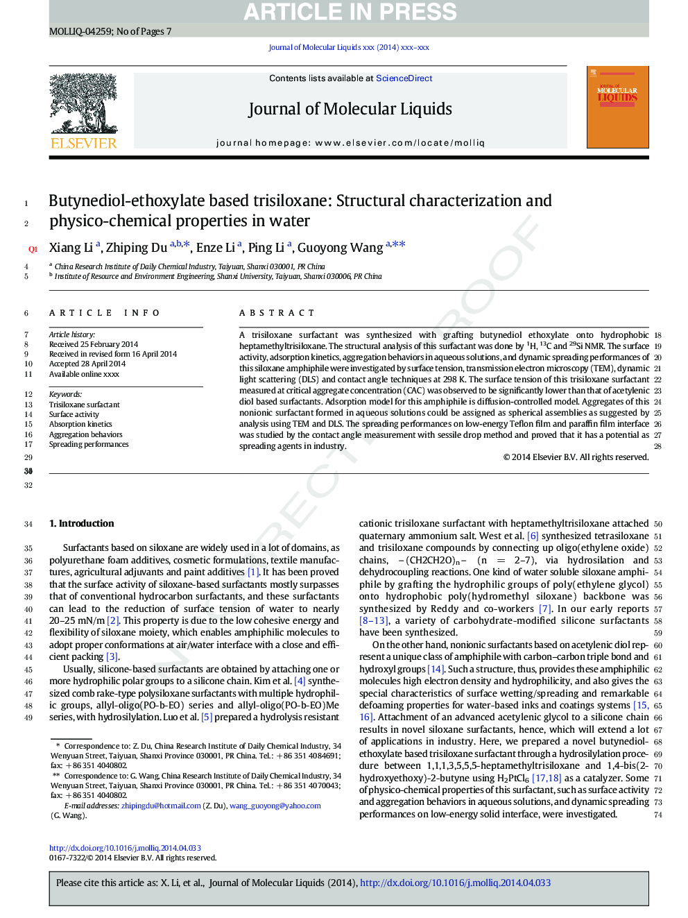 Butynediol-ethoxylate based trisiloxane: Structural characterization and physico-chemical properties in water