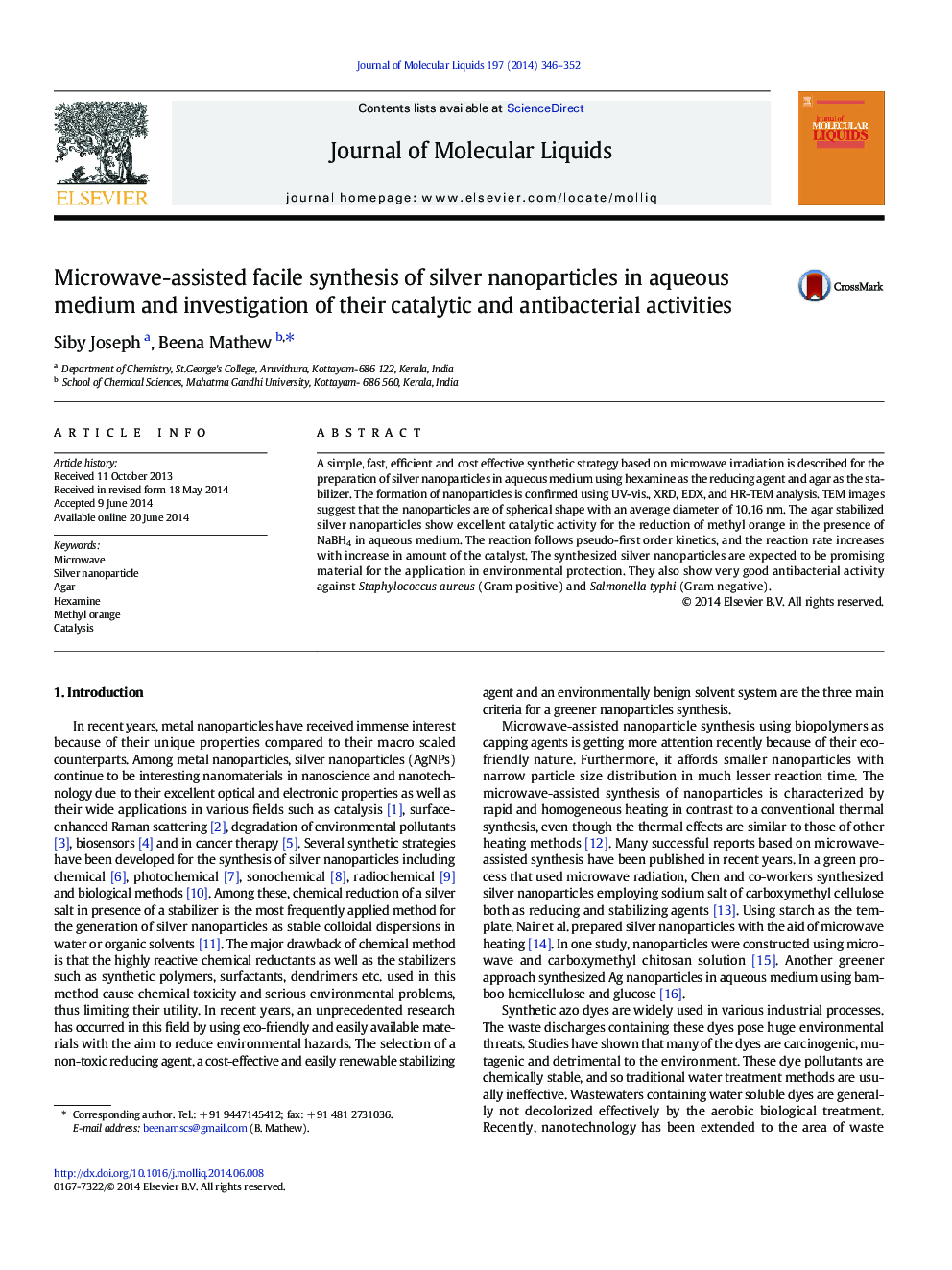 Microwave-assisted facile synthesis of silver nanoparticles in aqueous medium and investigation of their catalytic and antibacterial activities