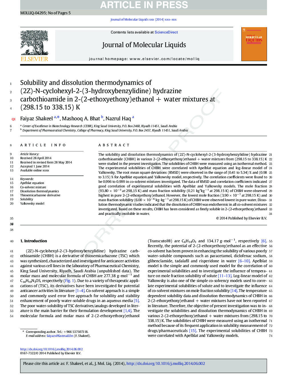 Solubility and dissolution thermodynamics of (2Z)-N-cyclohexyl-2-(3-hydroxybenzylidine) hydrazine carbothioamide in 2-(2-ethoxyethoxy)ethanolÂ +Â water mixtures at (298.15 to 338.15) K