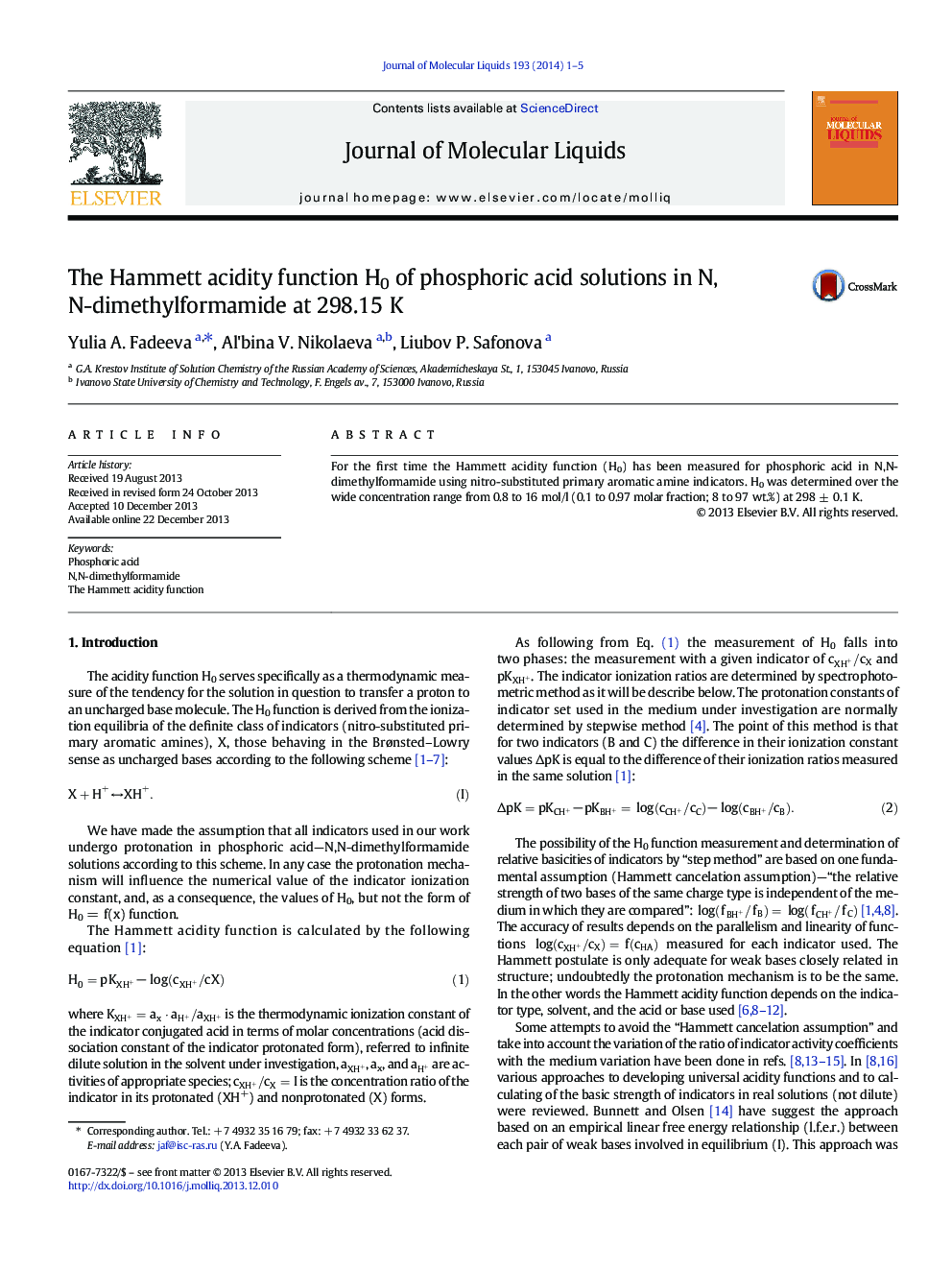 The Hammett acidity function H0 of phosphoric acid solutions in N,N-dimethylformamide at 298.15Â K