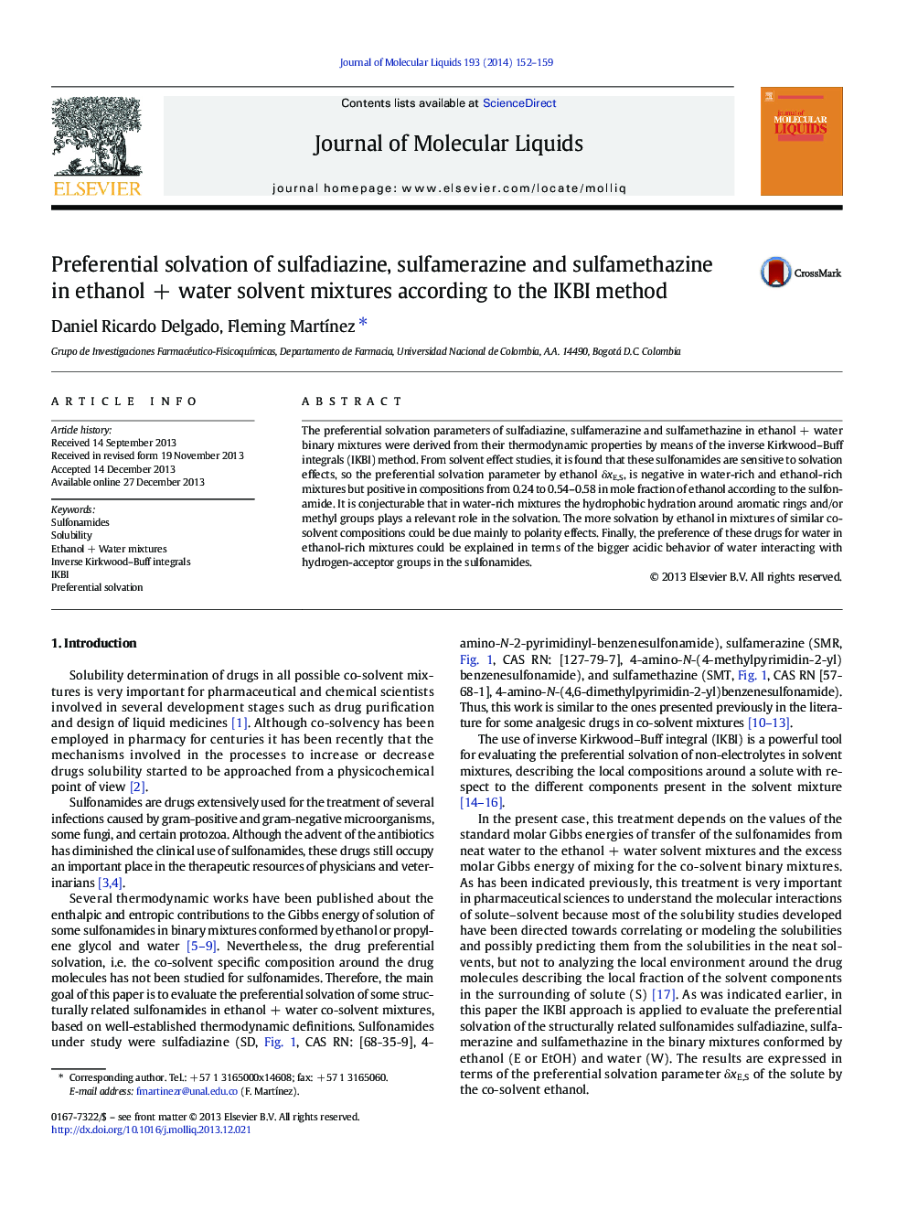 Preferential solvation of sulfadiazine, sulfamerazine and sulfamethazine in ethanolÂ +Â water solvent mixtures according to the IKBI method