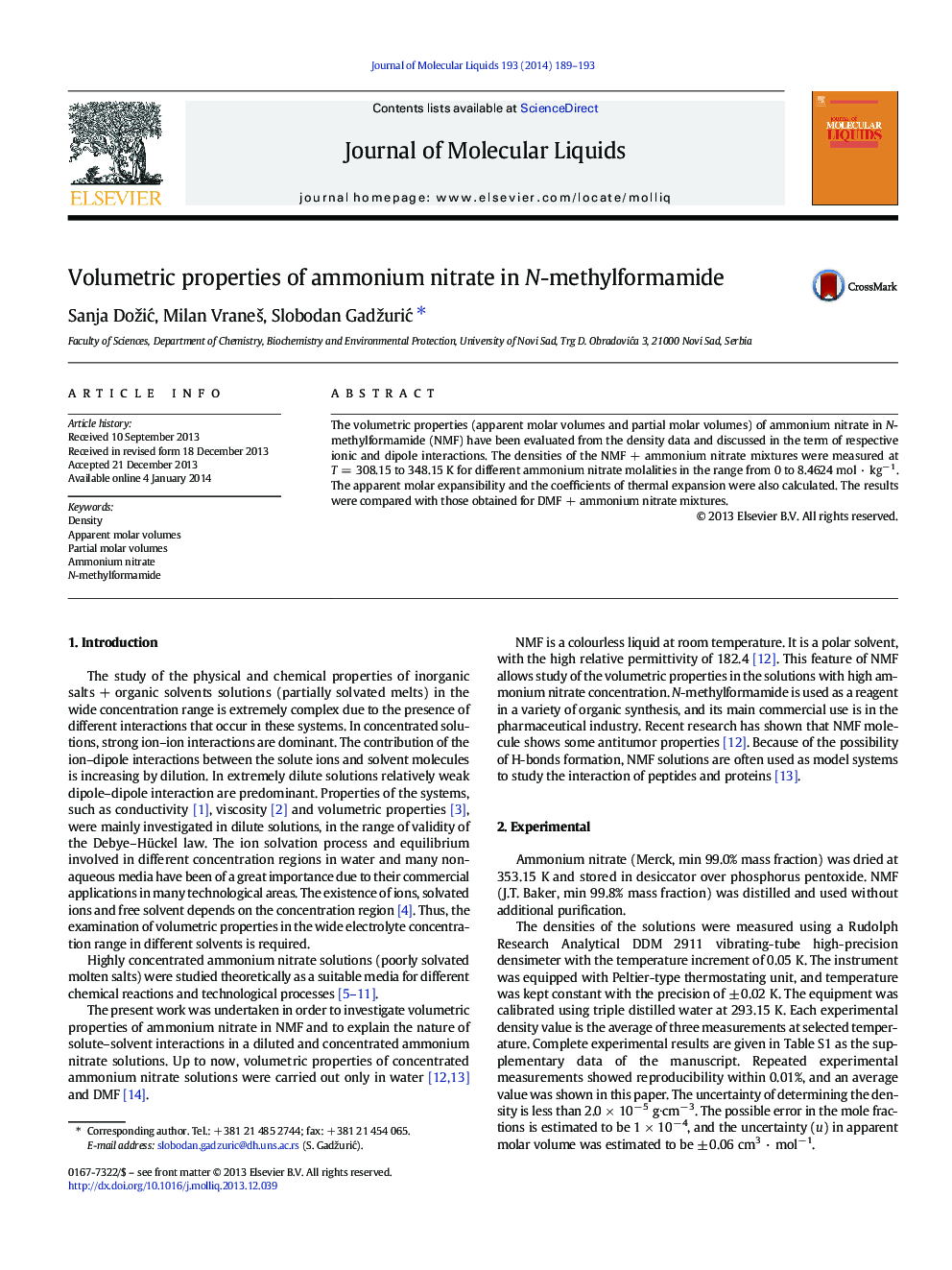 Volumetric properties of ammonium nitrate in N-methylformamide