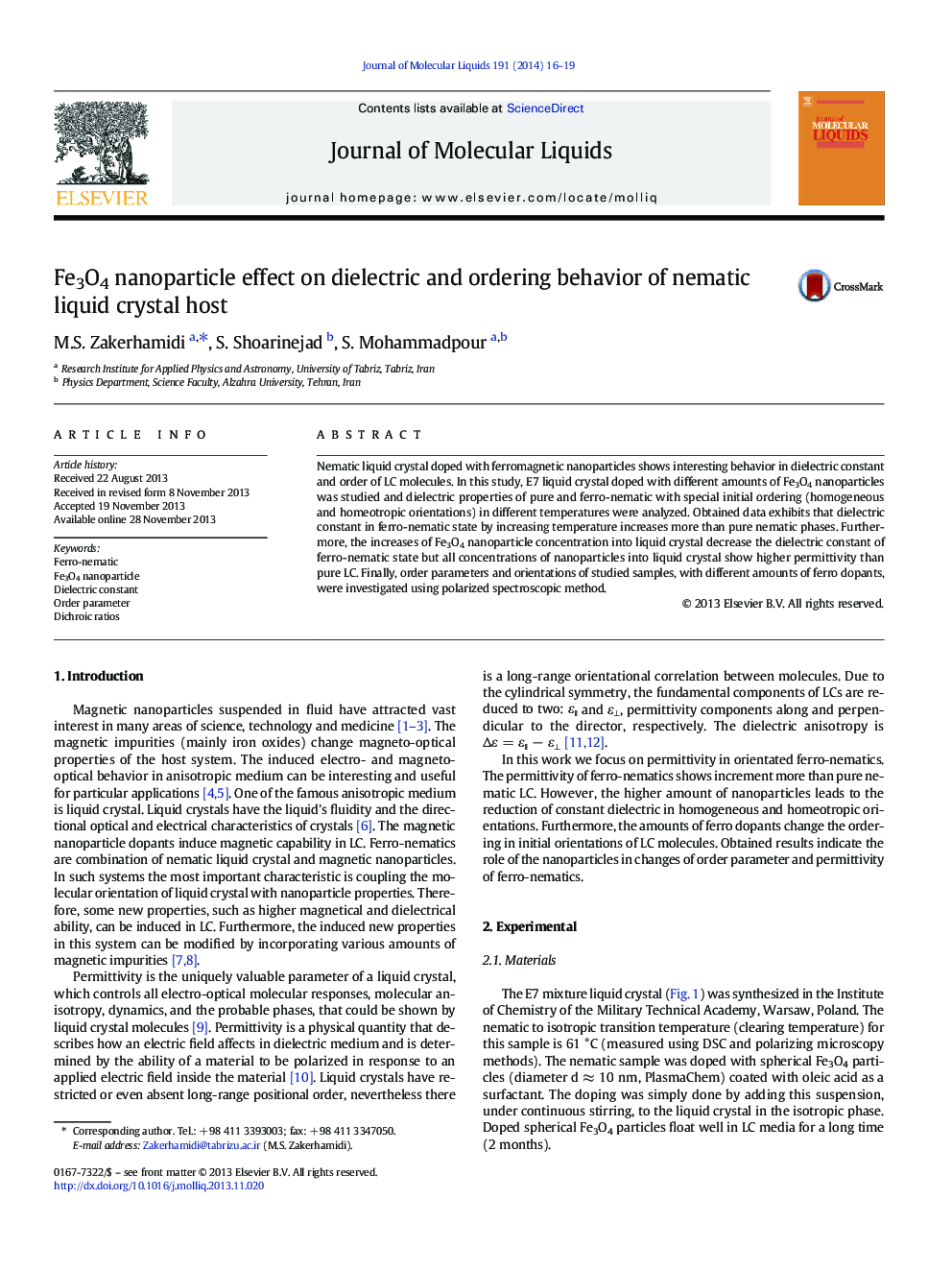 Fe3O4 nanoparticle effect on dielectric and ordering behavior of nematic liquid crystal host