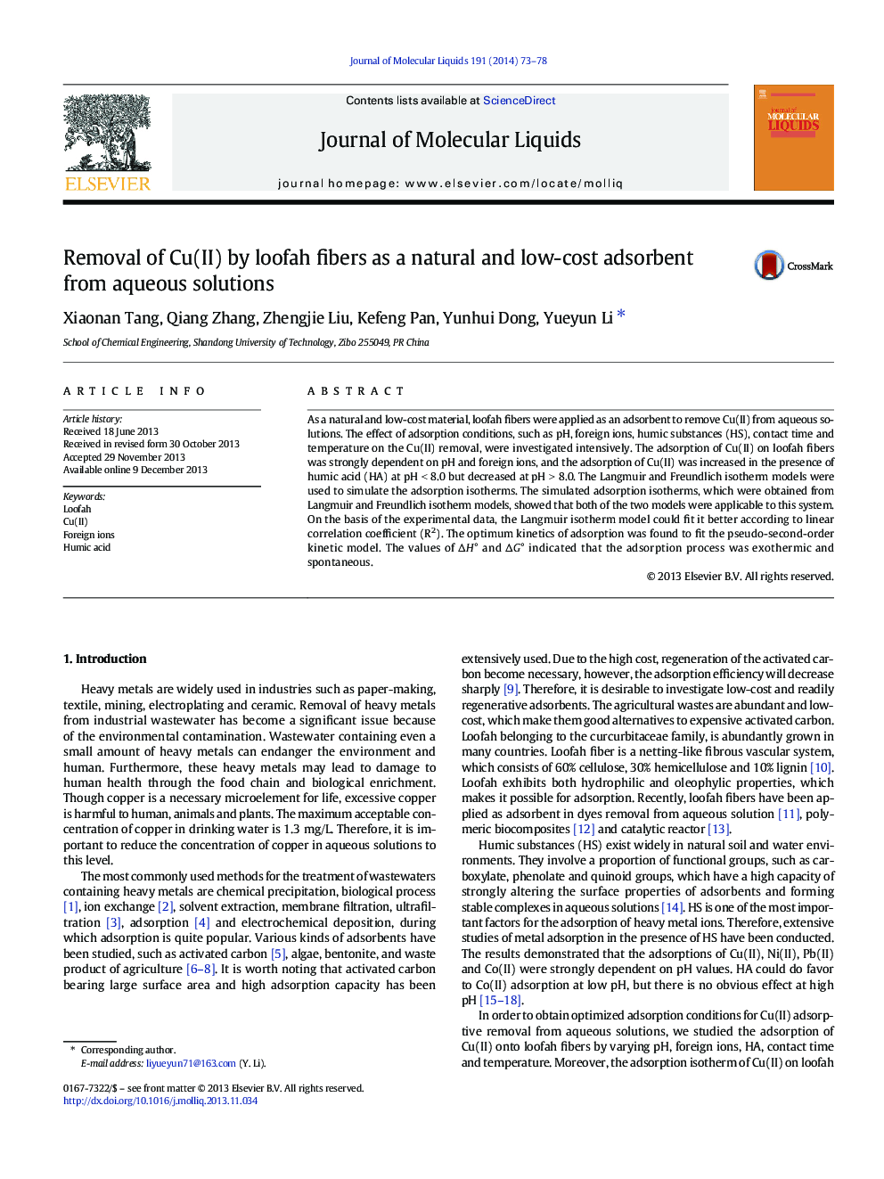 Removal of Cu(II) by loofah fibers as a natural and low-cost adsorbent from aqueous solutions