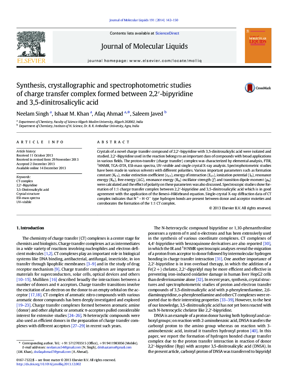 Synthesis, crystallographic and spectrophotometric studies of charge transfer complex formed between 2,2â²-bipyridine and 3,5-dinitrosalicylic acid