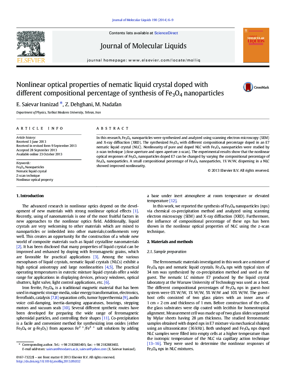 Nonlinear optical properties of nematic liquid crystal doped with different compositional percentage of synthesis of Fe3O4 nanoparticles