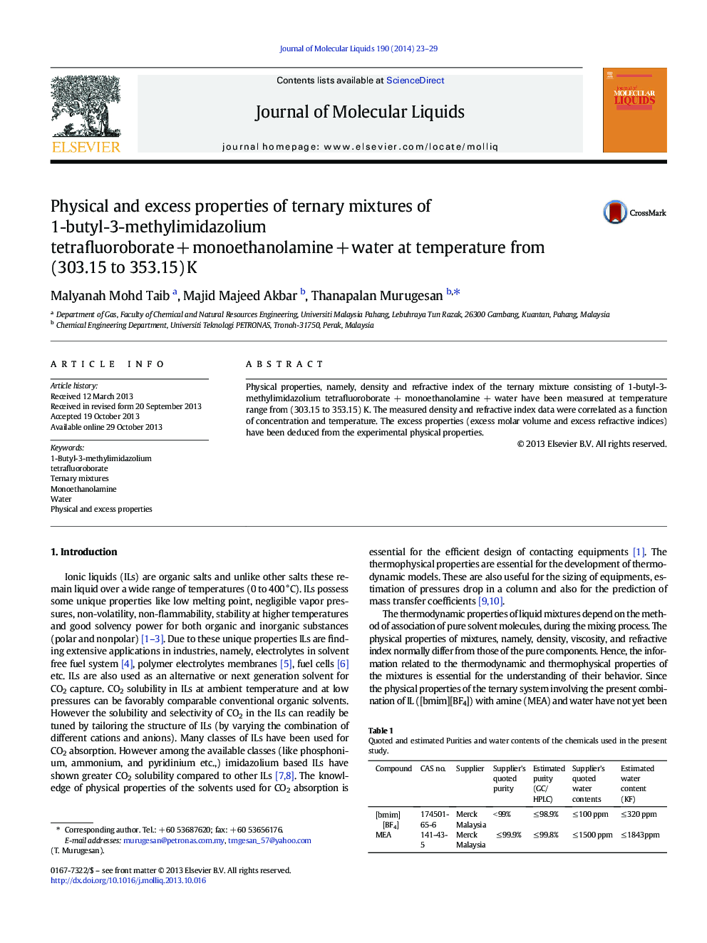 Physical and excess properties of ternary mixtures of 1-butyl-3-methylimidazolium tetrafluoroborateÂ +Â monoethanolamineÂ +Â water at temperature from (303.15 to 353.15)Â K