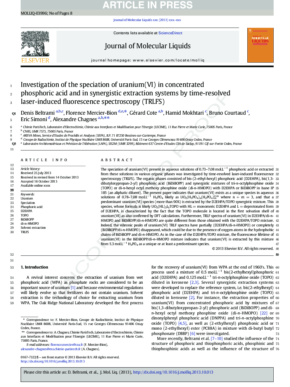 Investigation of the speciation of uranium(VI) in concentrated phosphoric acid and in synergistic extraction systems by time-resolved laser-induced fluorescence spectroscopy (TRLFS)