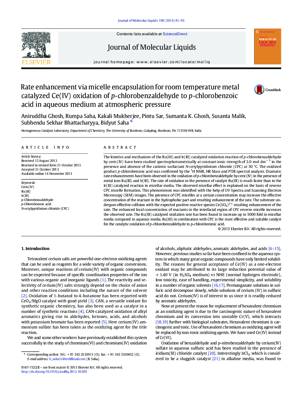 Rate enhancement via micelle encapsulation for room temperature metal catalyzed Ce(IV) oxidation of p-chlorobenzaldehyde to p-chlorobenzoic acid in aqueous medium at atmospheric pressure