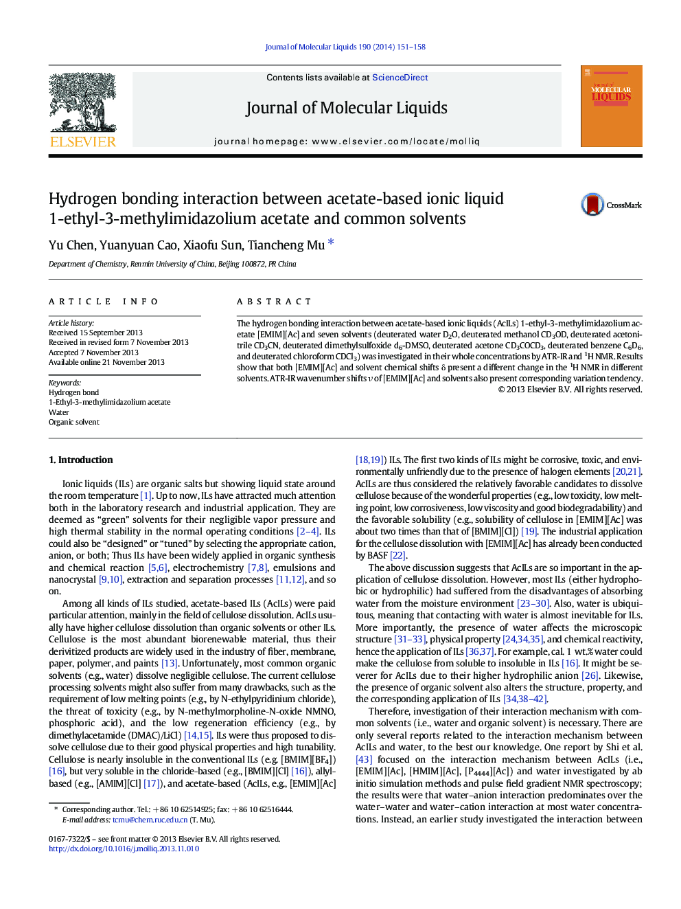 Hydrogen bonding interaction between acetate-based ionic liquid 1-ethyl-3-methylimidazolium acetate and common solvents