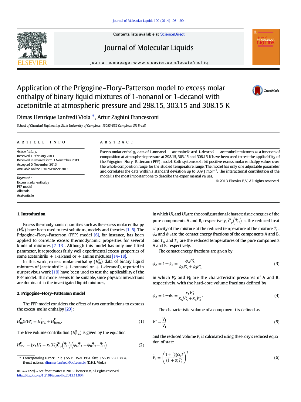 Application of the Prigogine-Flory-Patterson model to excess molar enthalpy of binary liquid mixtures of 1-nonanol or 1-decanol with acetonitrile at atmospheric pressure and 298.15, 303.15 and 308.15Â K